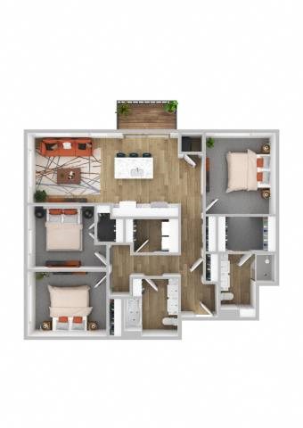 Floor plan for 3 beds, 2 baths, 1258 sqft
